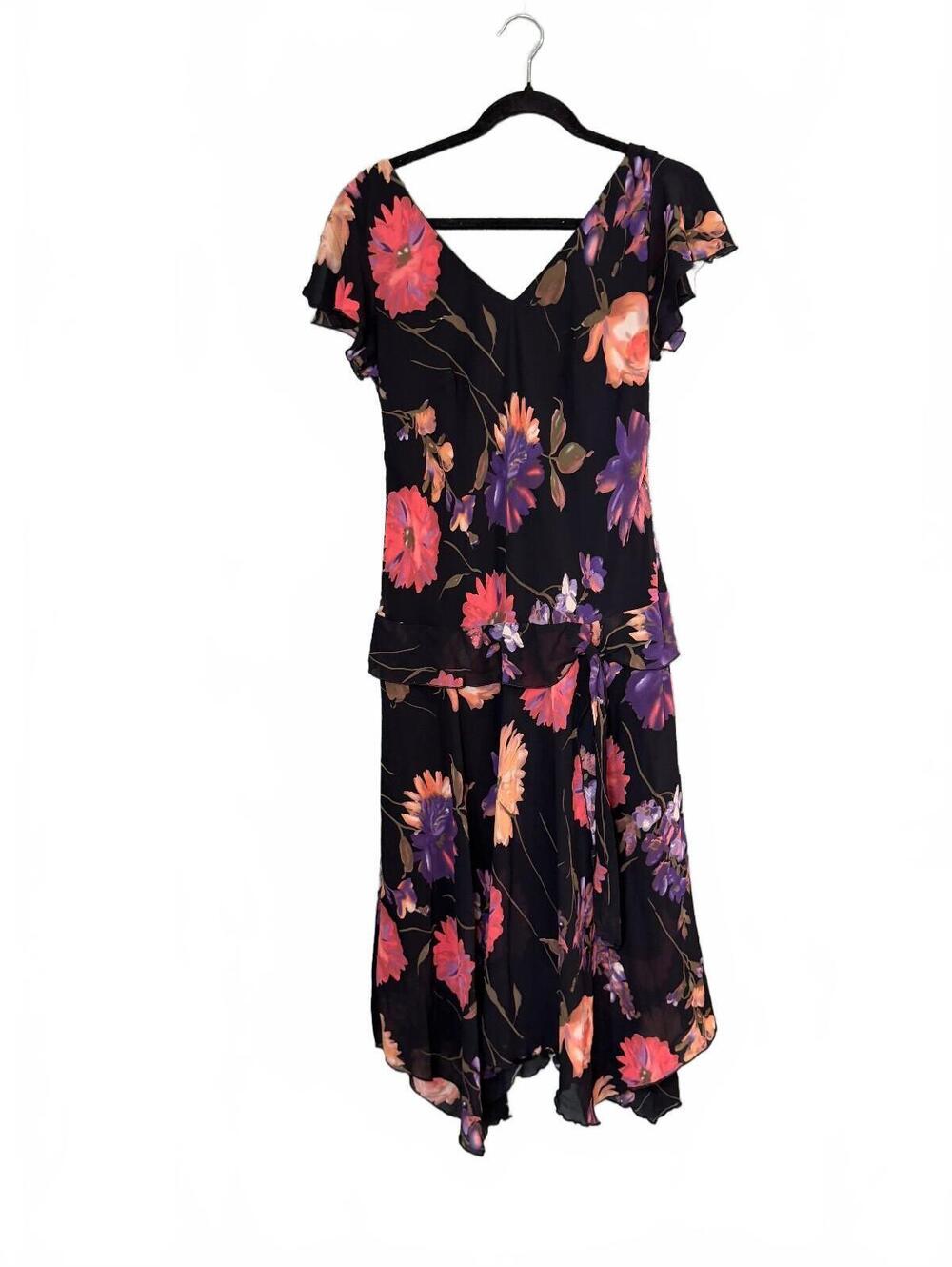 VIntage Y2K R&M Richards Black Floral Drop Waist Cap Sleeve Midi Dress Size 12